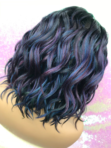 “Nicole” Lace Front Wig, (Left part) ( Oil slick with purple, green & blue hues with root)