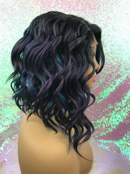 “Nicole” Lace Front Wig, (Left part) ( Oil slick with purple, green & blue hues with root)