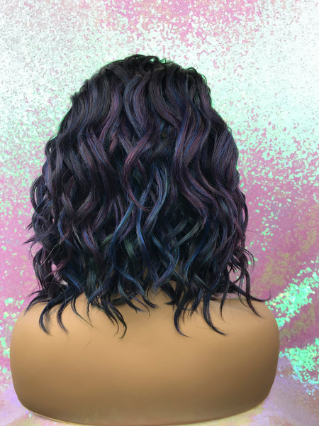 “Nicole” Lace Front Wig, (Left part) ( Oil slick with purple, green & blue hues with root)