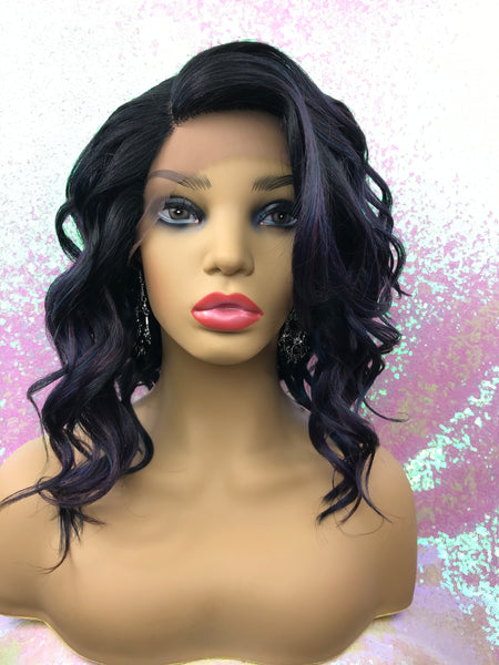 “Nicole” Lace Front Wig, (Left part) ( Oil slick with purple, green & blue hues with root)