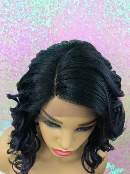 “Nicole” Lace Front Wig, (Left part) ( Oil slick with purple, green & blue hues with root)