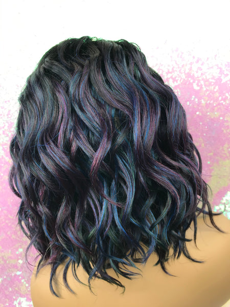 “Nicole” Lace Front Wig, (Left part) ( Oil slick with purple, green & blue hues with root)