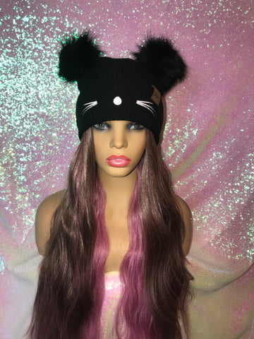 Whiskers Black Double Pom Beanie