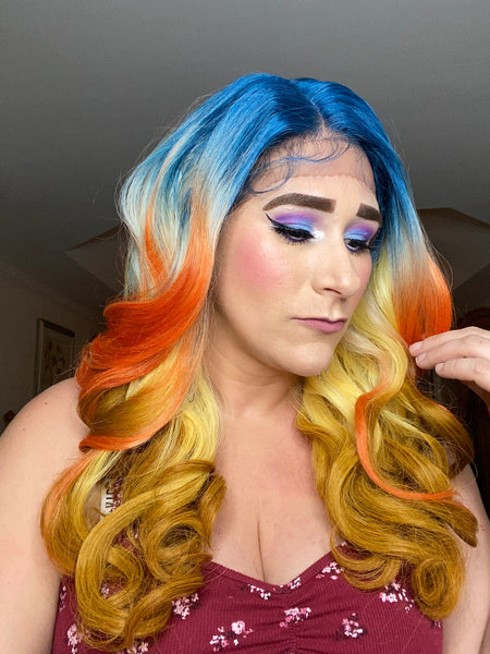 "Bomb shell " Wig - Lace Front, Human Blend, Deep Middle Shiftable Part, Blue Orange Yellow & Gold