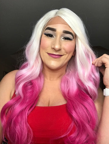 "Rapunzel" Wig - Lace Front, Deep Middle Shiftable Part, Platinum Blonde with Pink ends