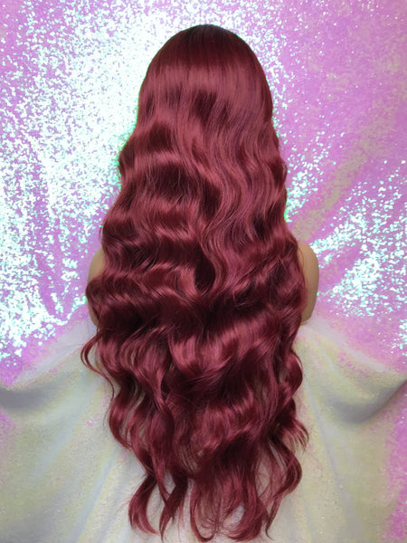 “Cassandra” Wig - No Lace, Bangs, Burgundy with black root, Long & Wavy