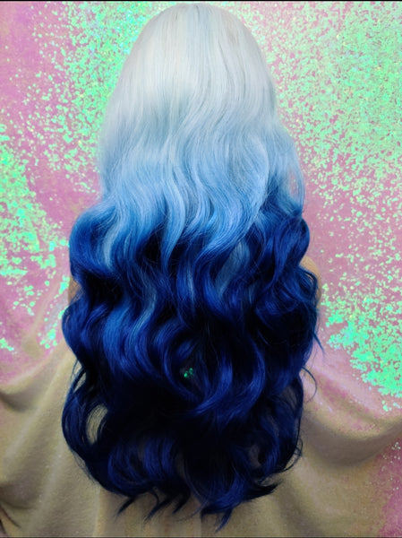 "Kitty" Wig - Lace Front, Deep Middle Shiftable Part, Platinum White with blue ends, Long