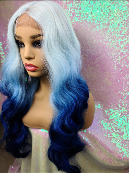 "Kitty" Wig - Lace Front, Deep Middle Shiftable Part, Platinum White with blue ends, Long