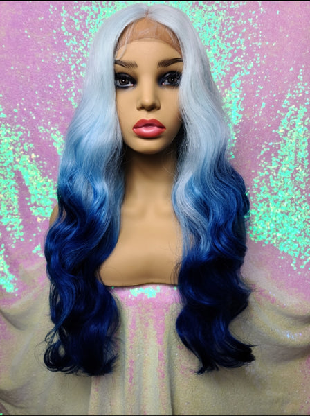 "Kitty" Wig - Lace Front, Deep Middle Shiftable Part, Platinum White with blue ends, Long