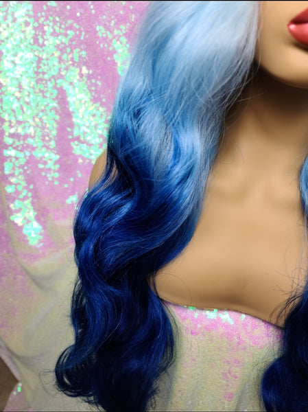 "Kitty" Wig - Lace Front, Deep Middle Shiftable Part, Platinum White with blue ends, Long