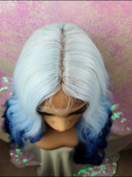 "Kitty" Wig - Lace Front, Deep Middle Shiftable Part, Platinum White with blue ends, Long