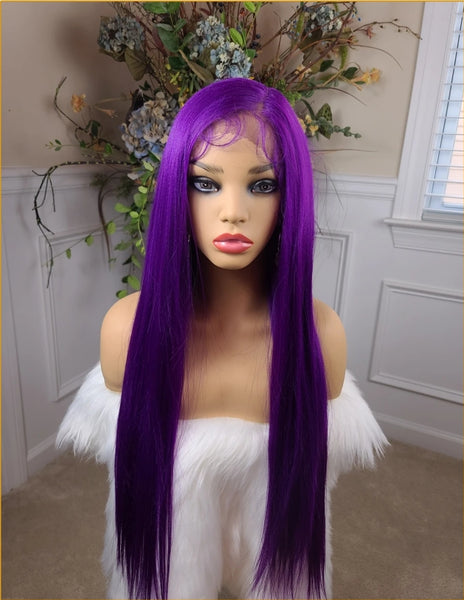 “Amelia" Wig - Lace Front, Human Blend, Deep Middle Part, Purple, Long & Straight