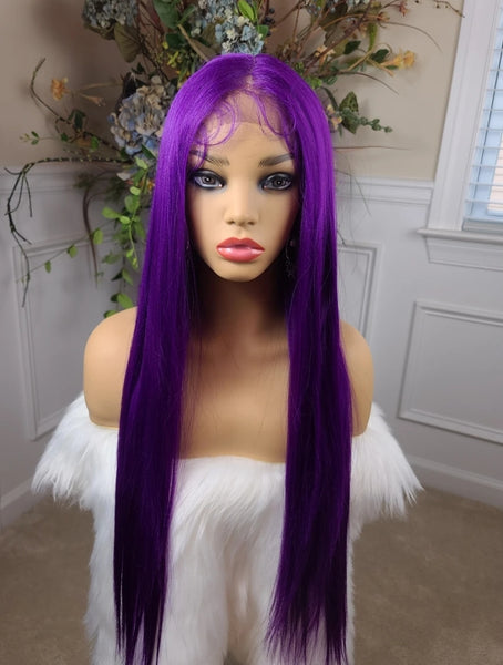 “Amelia" Wig - Lace Front, Human Blend, Deep Middle Part, Purple, Long & Straight