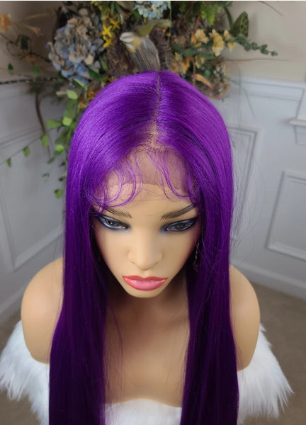 “Amelia" Wig - Lace Front, Human Blend, Deep Middle Part, Purple, Long & Straight