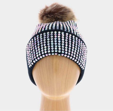 Blinged-Out Pom Beanie (colors pink, black, or grey)