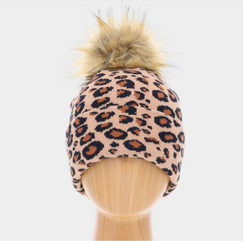 Cheetah Print Fur Pom Cozy Beanie (Double Layer)