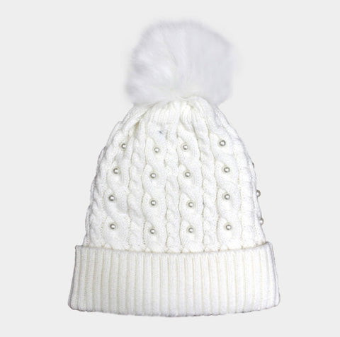 Pearl Pom Cozy Knitted Beanie with Sherpa lining