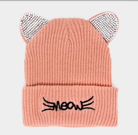 Meow Bling Kitty Cat Cozy Beanie (colors, pink, purple, white, grey, red or black)