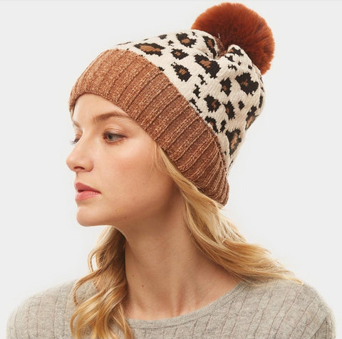 Leopard Print Pom Beanie